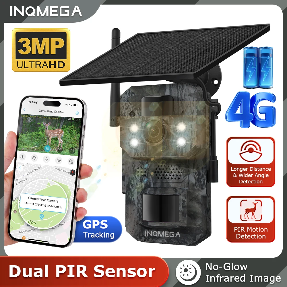 

INQMEGA4G 2K 3MP PIR Motion Activated Trigger Time Night Vision IP66 Hunting Trail Wildlife Battery Solar Camera Forest