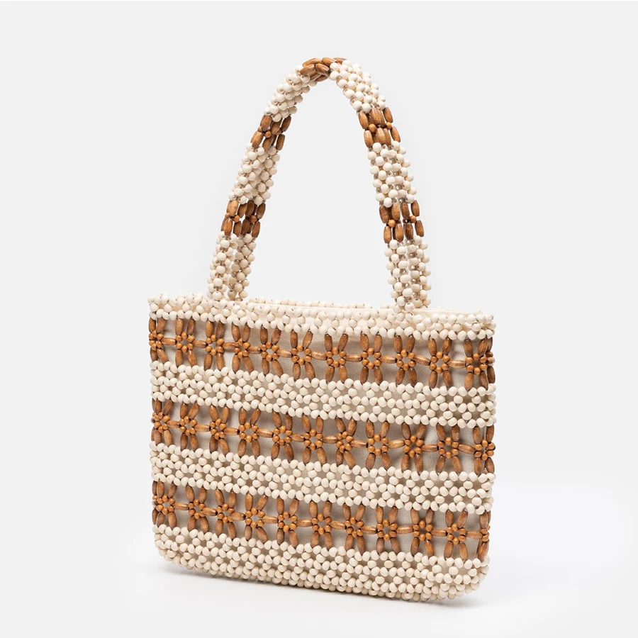 

Women Woven Hand Bag Summer Patchwork Design Hollow-out Wooden Bead Tote Bag Female Reticulate Netted Canvas Beach Handbag Bolsa
