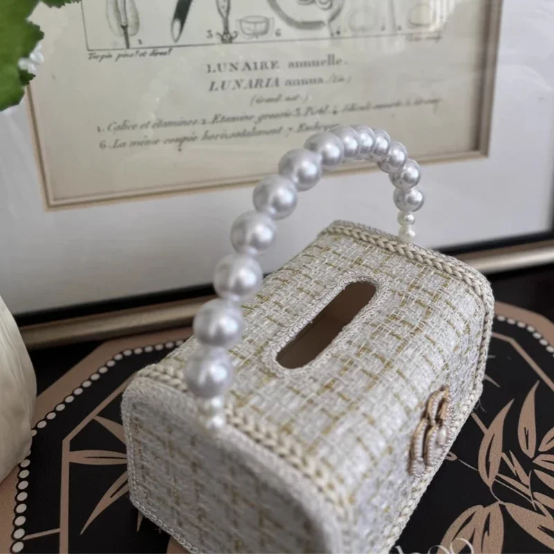 Creative Pearl Handheld Light Luxury Beige White Tissue Box Fabric Jacquard Desktop Napkins Paper Drawn Box Decoration