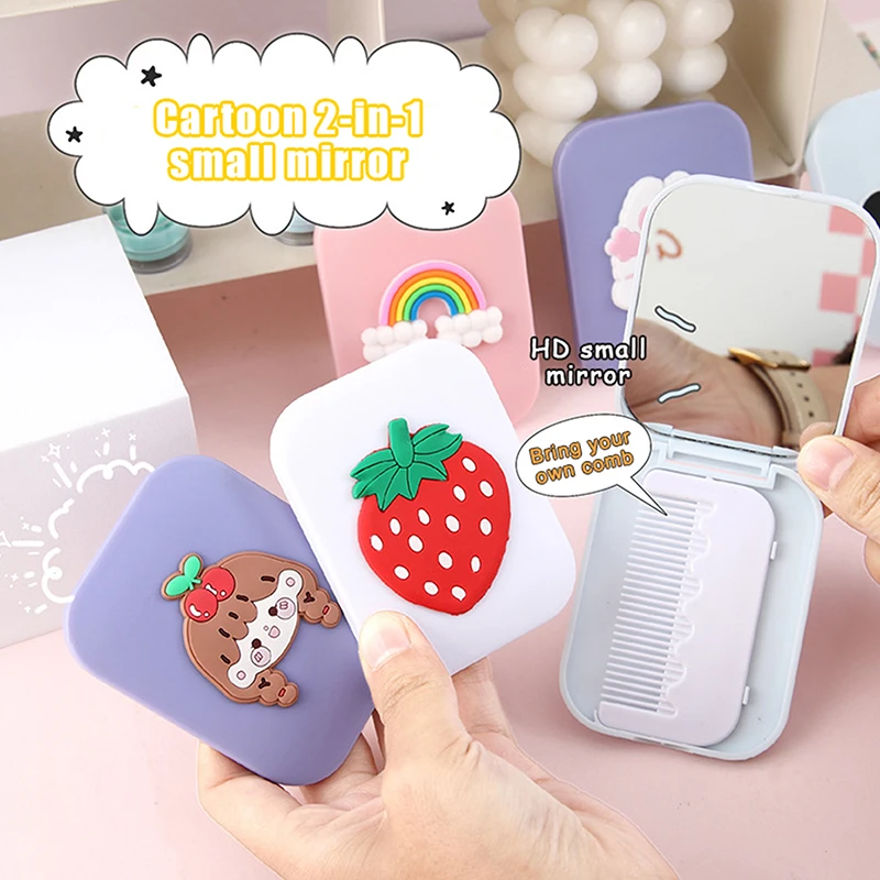 1Pcs Cartoon Portable Flip Folding Makeup Mirror With Pull-out Type Comb For Girl Gift Makeup Tools Travel