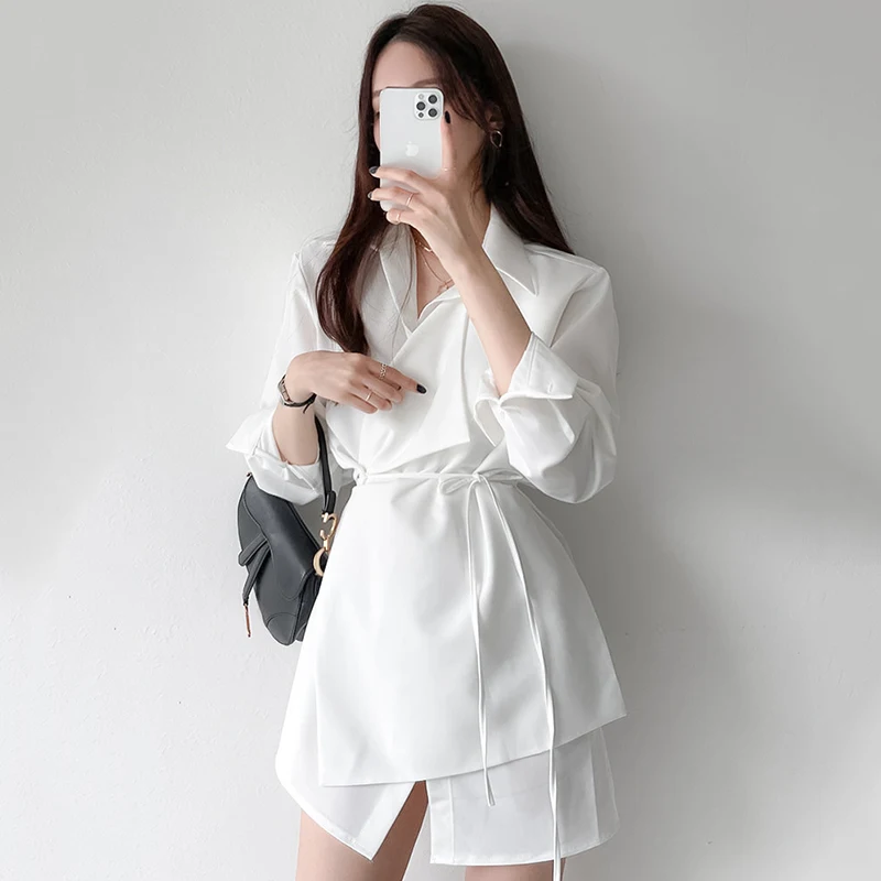 New Korean Chic Autumn Women Dresses Lapel Single-breasted Lace-up Irregularly Styled Shirt-style Dress and Short Skirt
