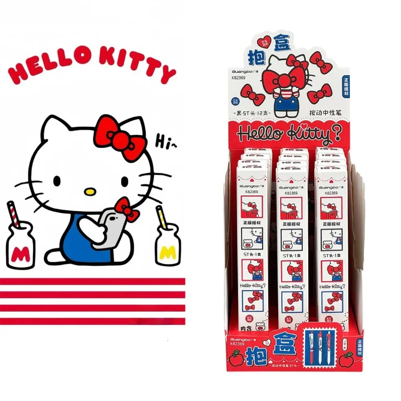 

12pcs/lot Creative Sanrio Kitty Press Gel Pen Cute 0.5mm Black Ink Press Signature Pens School Supplies