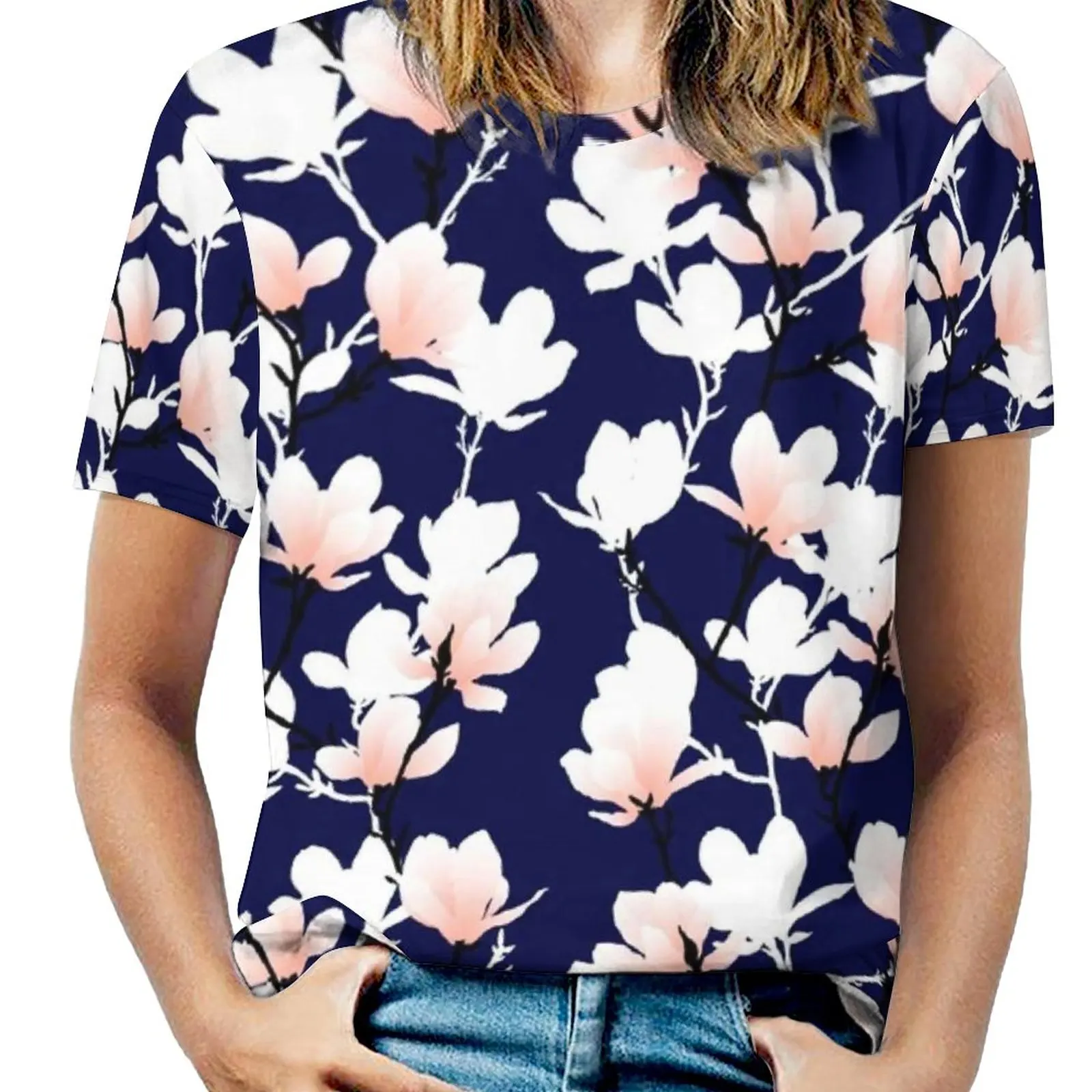 Magnolia Midnight Woman'S T-Shirt Spring And Summer Printed T Shirts Crew Neck Pullover Top Floral Petals Magnolia Spring