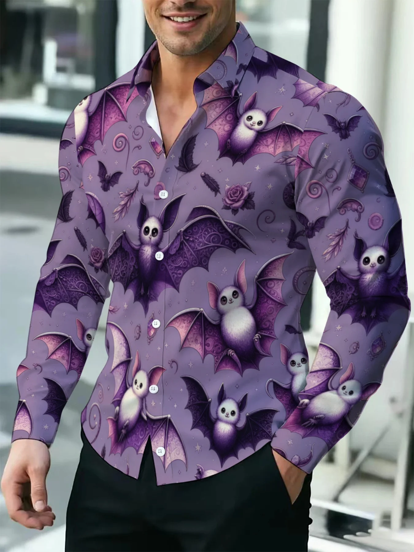 Men Long-Sleeve Button-Down Shirt Purple Cute Cartoon Bat Full Print Polyester Lapel Collar Halloween Top