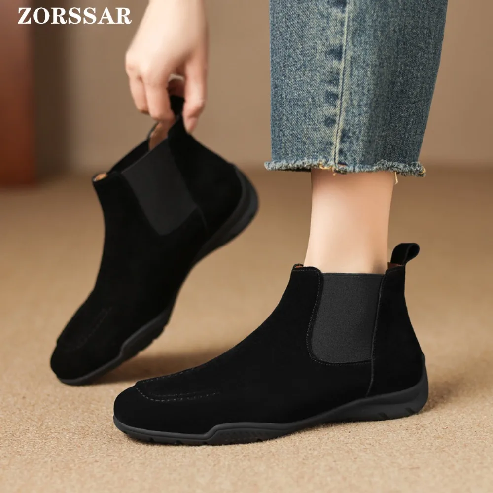 

2025 NEW Autumn/Winter Women Boots Round Toe Flat Heel Chelsea Boots Suede Leather Shoes for Womens Ankle Boots Botas De Mujer