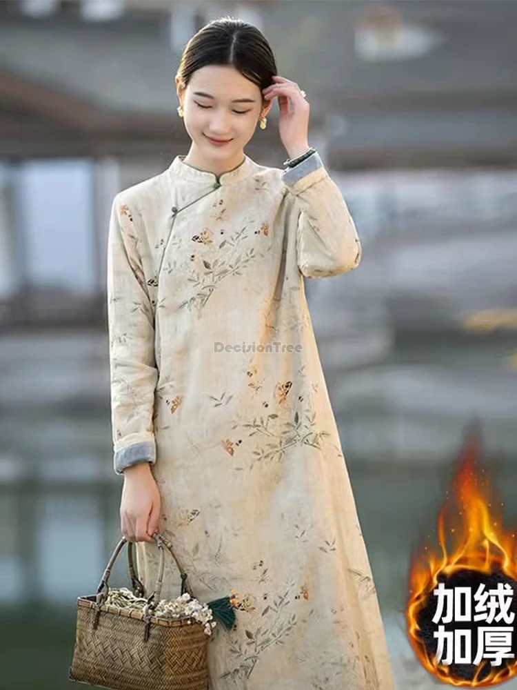 

2025 new chinese style improved cotton and linen cheongsam dress for women autumn winter loose thicked stand collar qipao dress