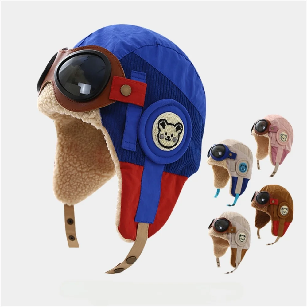 

Fashion Cute Cartoon Pilot Hat Cold Proof Windproof Ear Protection Cap with Glasses Thickned Warm Hat Children