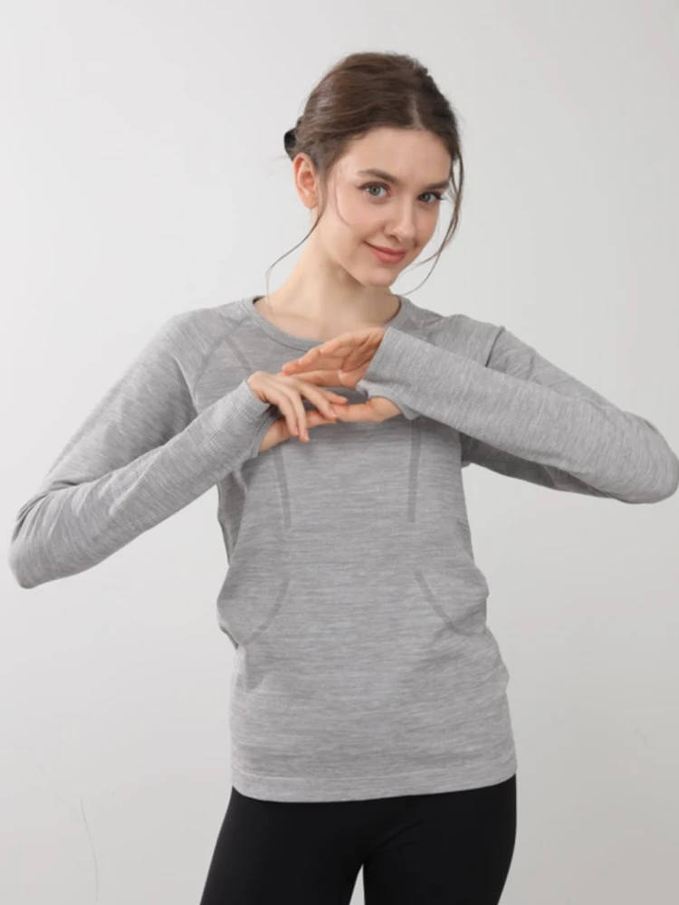 Nahtloses Yoga-T-Shirt für Damen, Sport-Top mit Rundhalsausschnitt, schmal geschnitten, langärmelig, für Laufen, Fitness, Workout, Gym – Detail 2