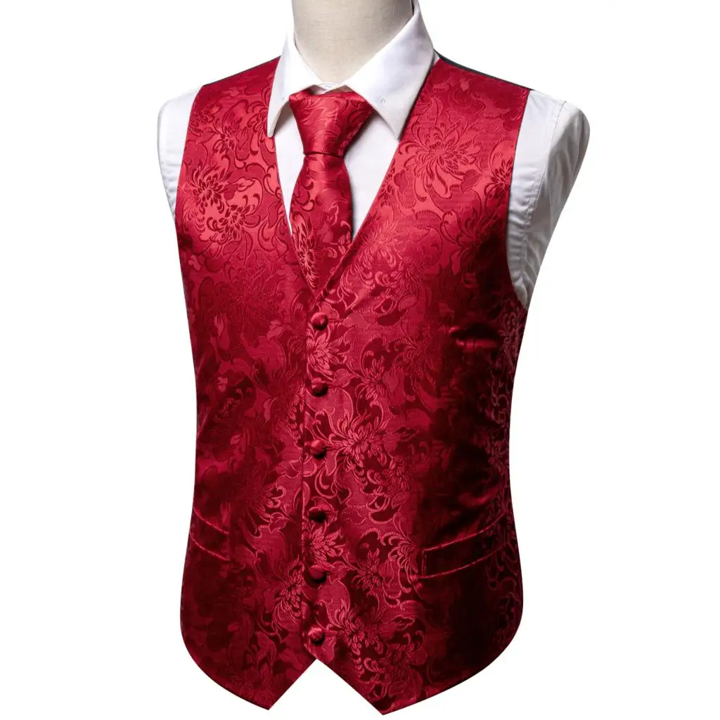 Elegant Men\'s Vest Dress Silk Embroidered Red Burgundy Paisley Flower Formal Suit Waistcoat Tie Set Jacket Wedding Barry Wang