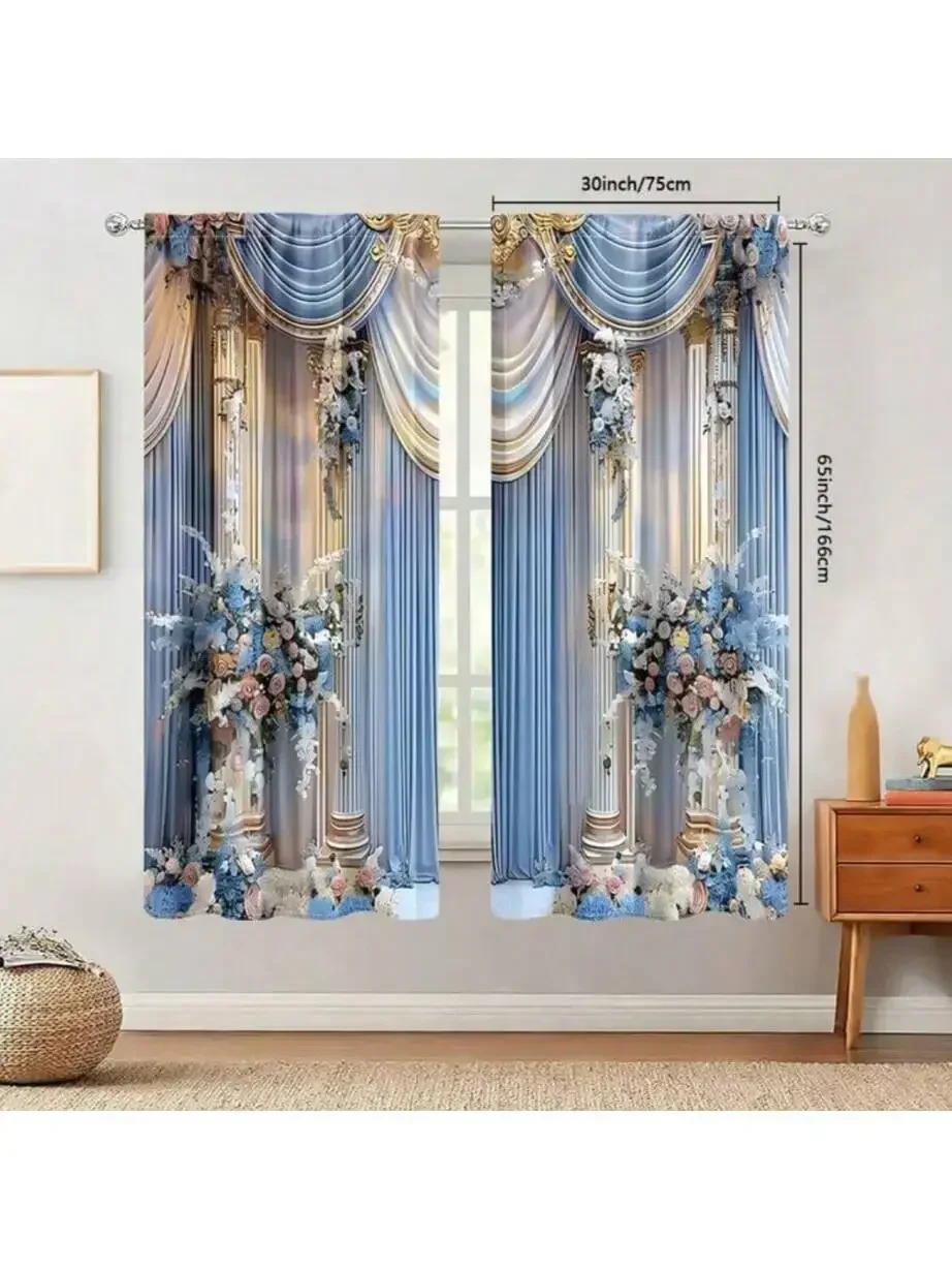 قطعتان من ستائر الزفاف المطبوعة على شكل زهرة زرقاء فاتحة، ستائر كيس عمود 42*84، ديكور منزلي، ديكور الغرفة #3