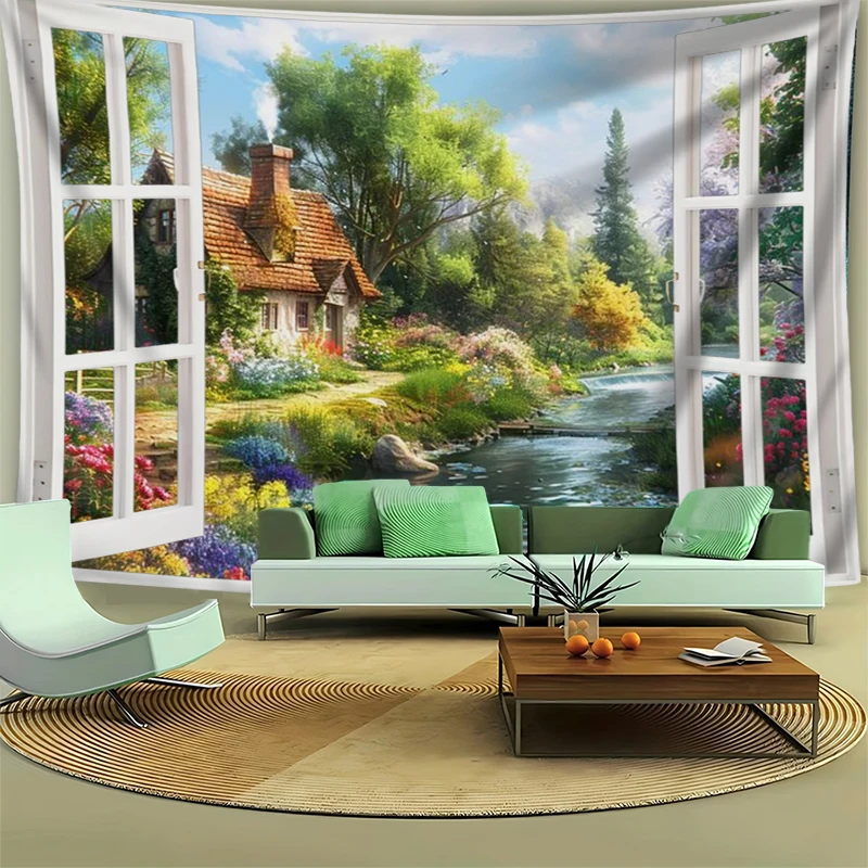 1PC Digital Print Tapestry Wall Hanging, Fake Window Sunset Mountain Lake View Art, Nature Scenery 3D Window Wall Art Decor - view 3