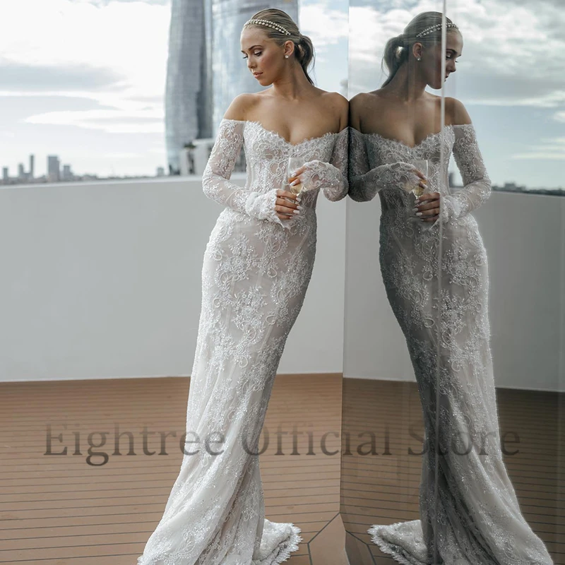 Eightree Elegant Mermaid Wedding Dresses Boho Long Sleeves Lace Bridal Dress White Backless Evening Wedding Gowns Customized