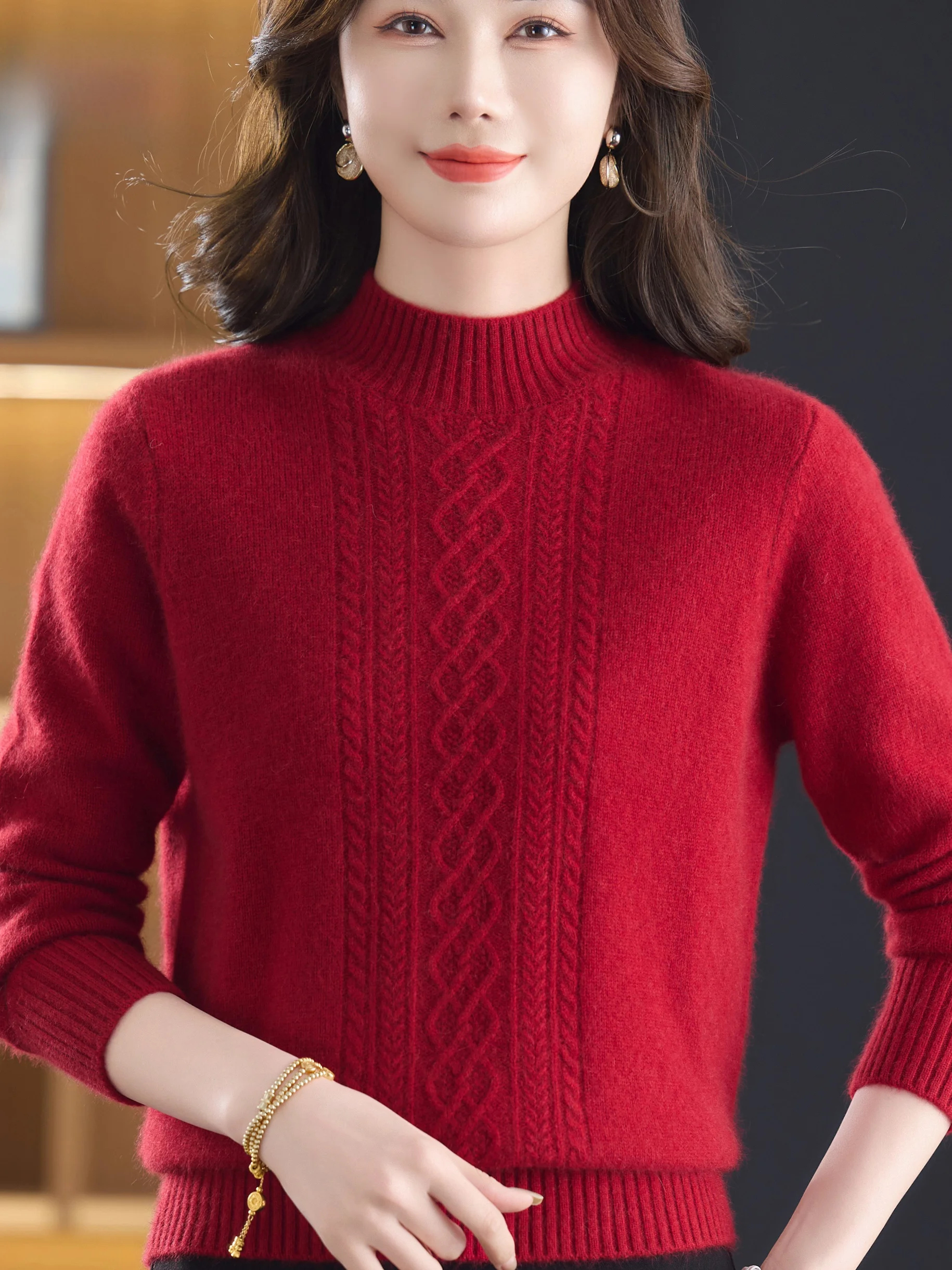 

Thiened Woolen Knitted Sweater Women's f High Collar Tweed Pattern Warm Base irt for Middle-Aged And ly Mothers A...