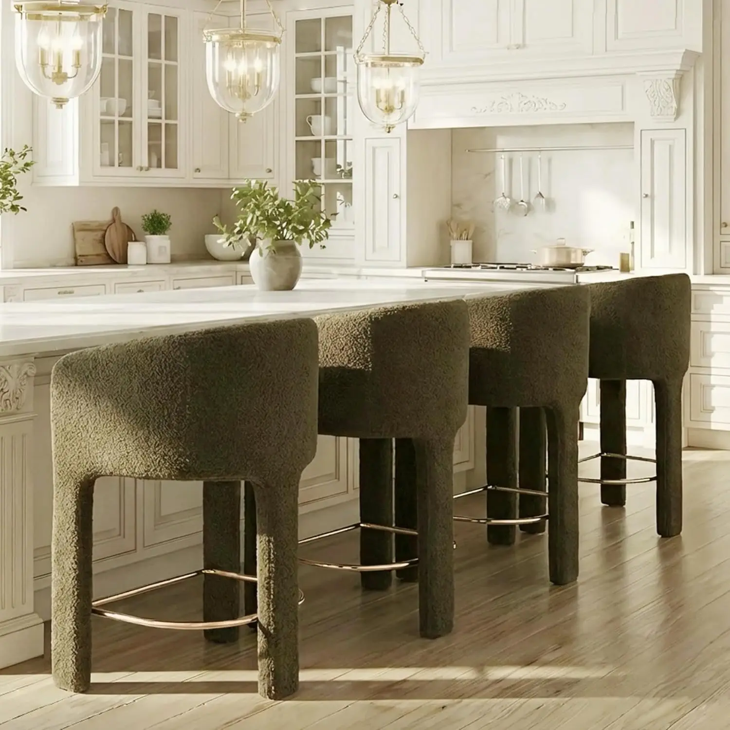 

26" Upholstered Counter Stools with Back & Armrest, Sherpa Kitchen Island Bar Chairs Set 4, Green, Customized