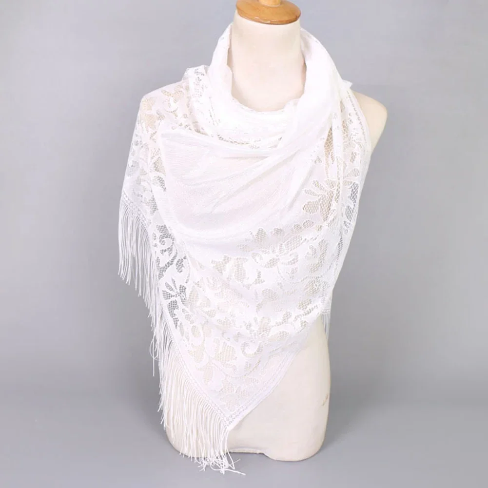 Lace Bride Women Shawl Floral Tassel Scarf Hollow Solid Tudung Muslim All-Match