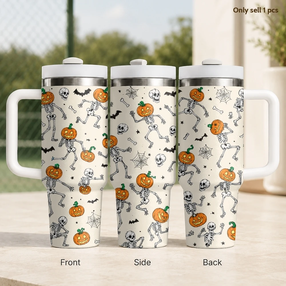 Halloween Skeleton Vacuum Flasks 40oz Stainless Steel Travel Tumbler with Handle Straw Lid Double Wall Vacuum Insulated