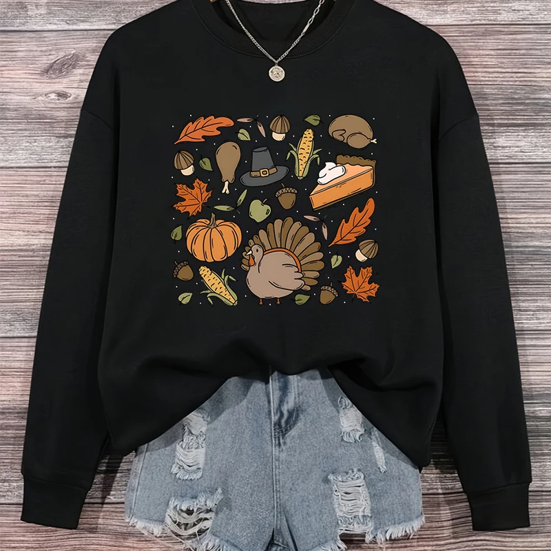 Happy Thanksgiving Sweatshirt Women Thanksgiving Doodles Pumpkin Leaves Sweater Funny Fall Season Gift Turkey Thankful Hoodies