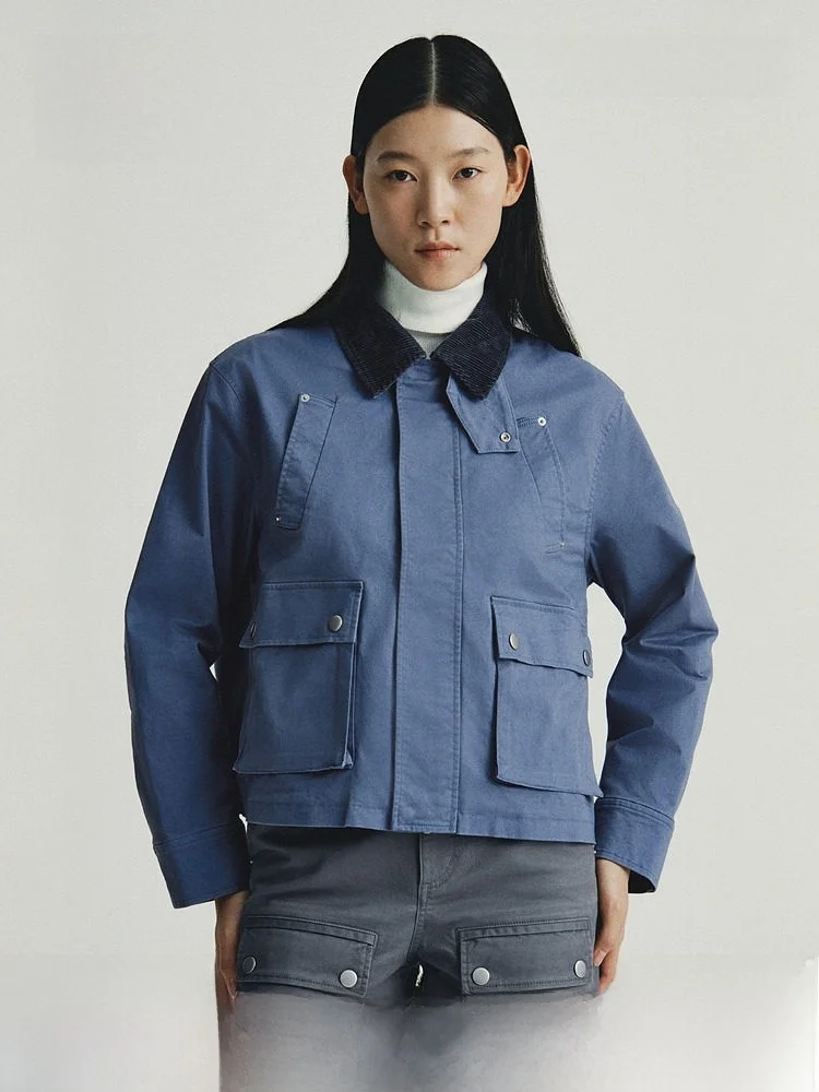 

H&M Women's Summer Corduroy Shirt Collar Diagonal Pattern Jacket 1317299 Workwear Style Zipper Closure Cotton Blend Coat