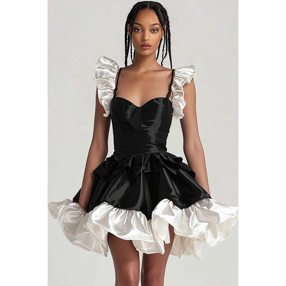 

Black&White Women Dress A-line Satin Ruffled Short Sleeves Cocktail Gown Sweetheart Thin Shoulder Straps Classy Evening Dress