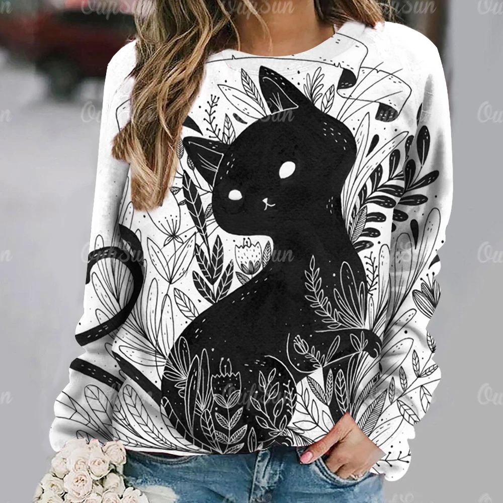 Anime Cat Pattern T Shirt For Women Autumn Round Neck Pullover Casual Long Sleeve Tops Female Oversized Daily Ladies Clothing