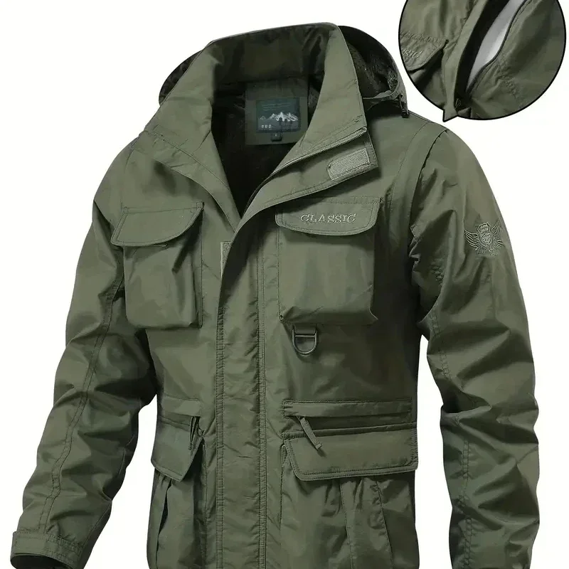 

Men's Casual Waterproof Multi Bag Cargo Jacket Vest Suitable for Outdoor Activities Detachable Windproof Hooded Men Jackets