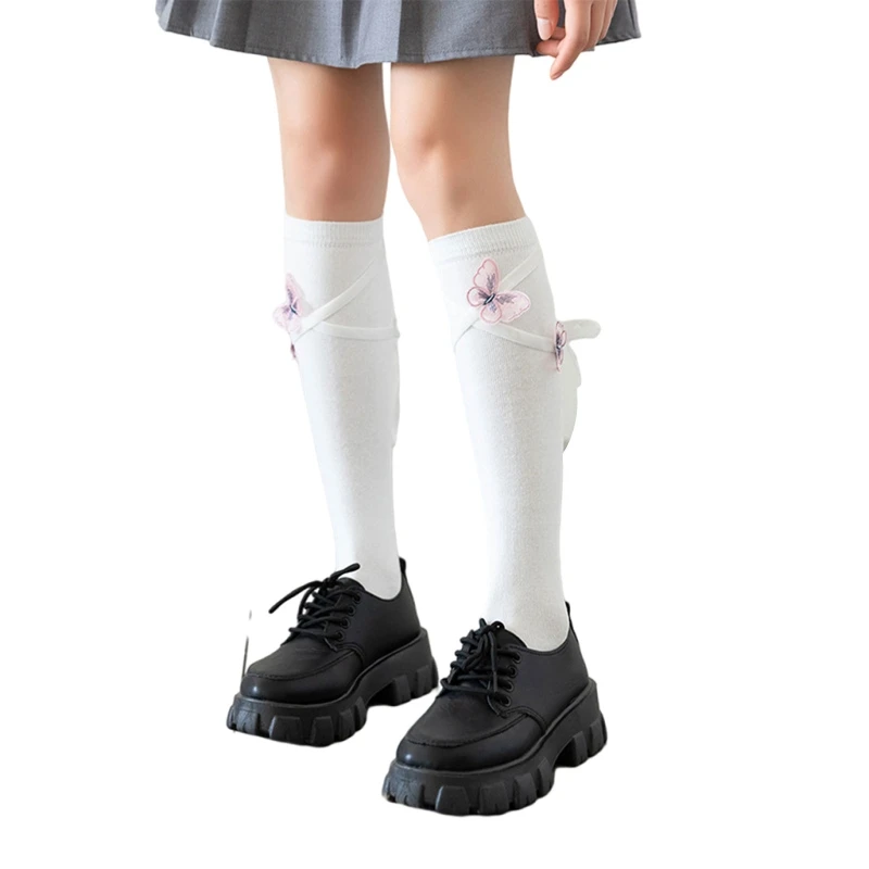 Women Cotton Knee High Socks with 3D for Butterfly Bandage Calf Stockings