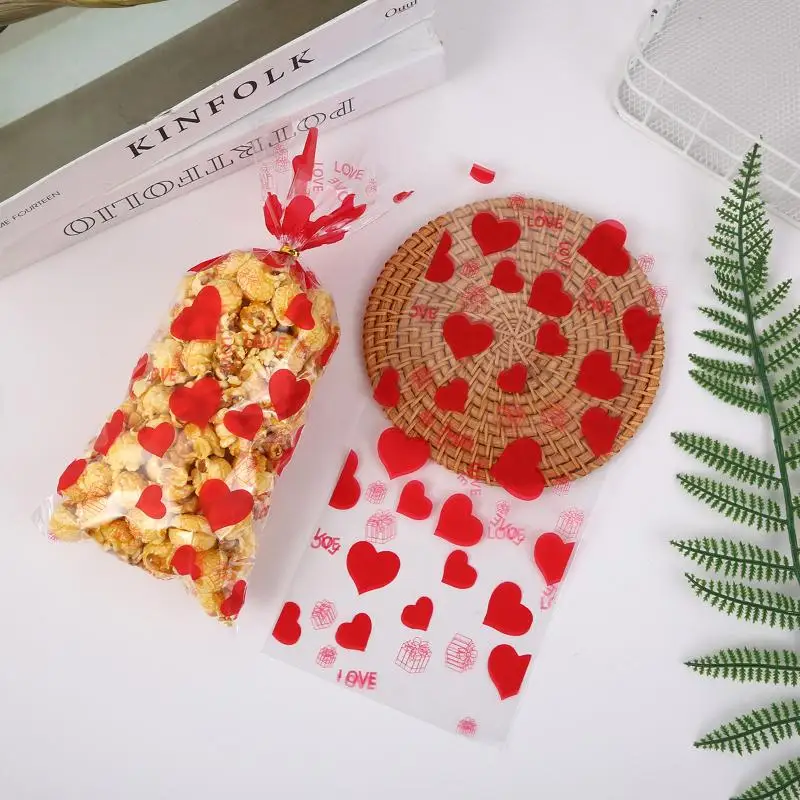 30/50/100Pcs OPP Plastic Transparent Gift Bags with Red Heart Print and Gold Ties - Perfect for Valentine's Day and Lovers
