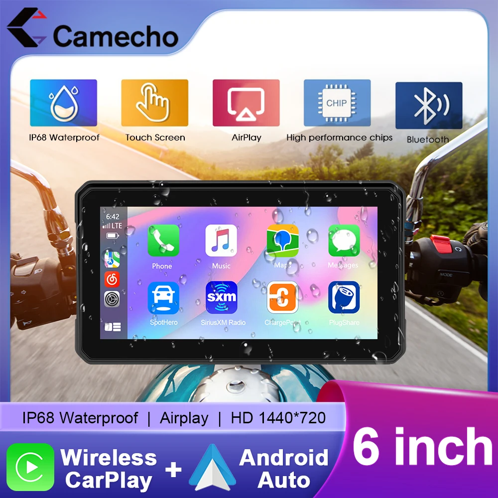Camecho Schermo da 6 pollici Wireless Carplay Android Auto Lettore intelligente portatile IP68 Display impermeabile per moto