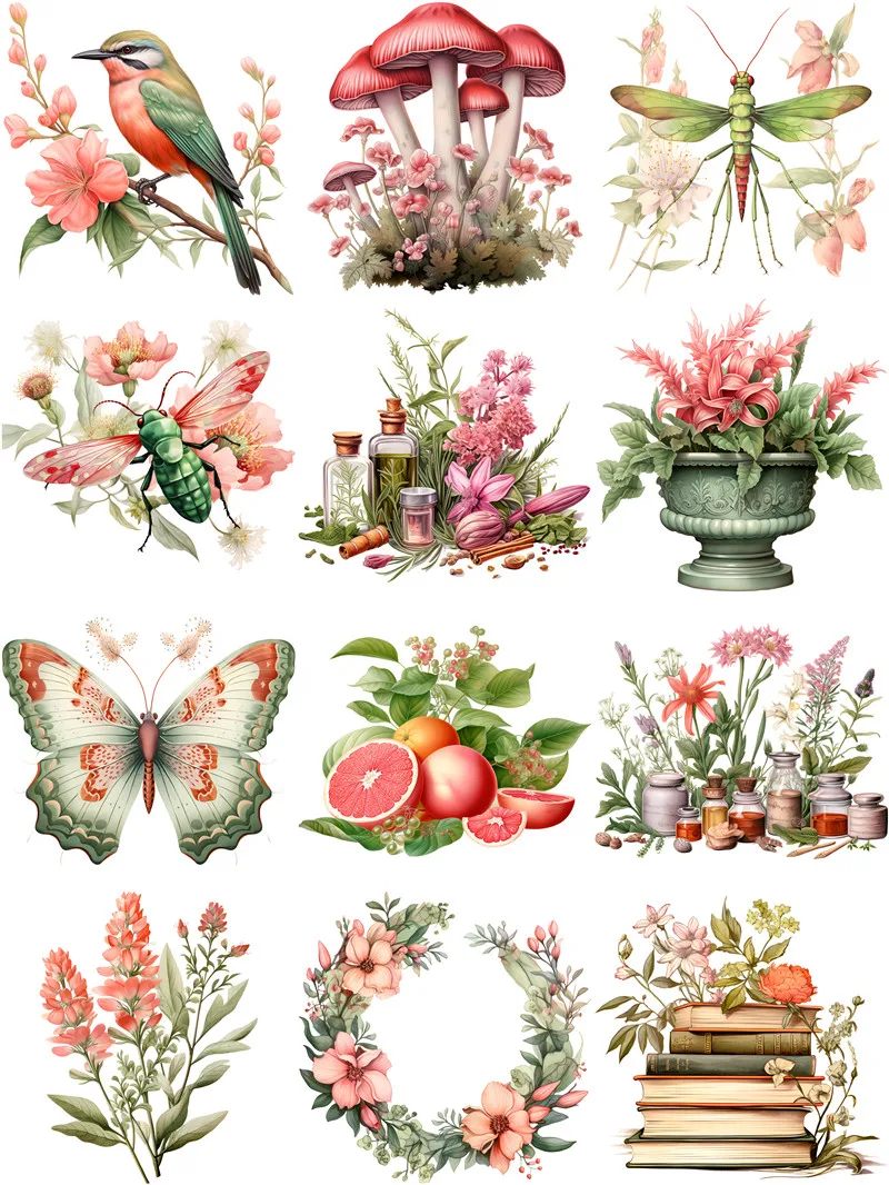 Pegatinas decorativas de plantas y animales Retro, álbum de recortes artesanal, diario de chatarra, 12 unids/lote por paquete