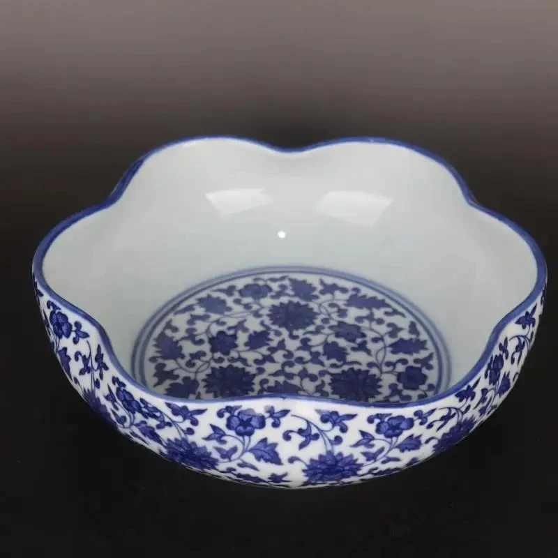 Chinese Blue and White Porcelain Flowers Mouth Entangled Lotus Design Water Bowl Pen Wash 7.90 inch