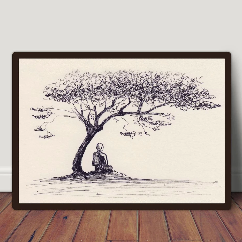 The Monk Meditating Ink Pen Style Inspired Poster Canvas Painting Buddhism Peaceful Wall Art Pictures Home Room Decor Gift