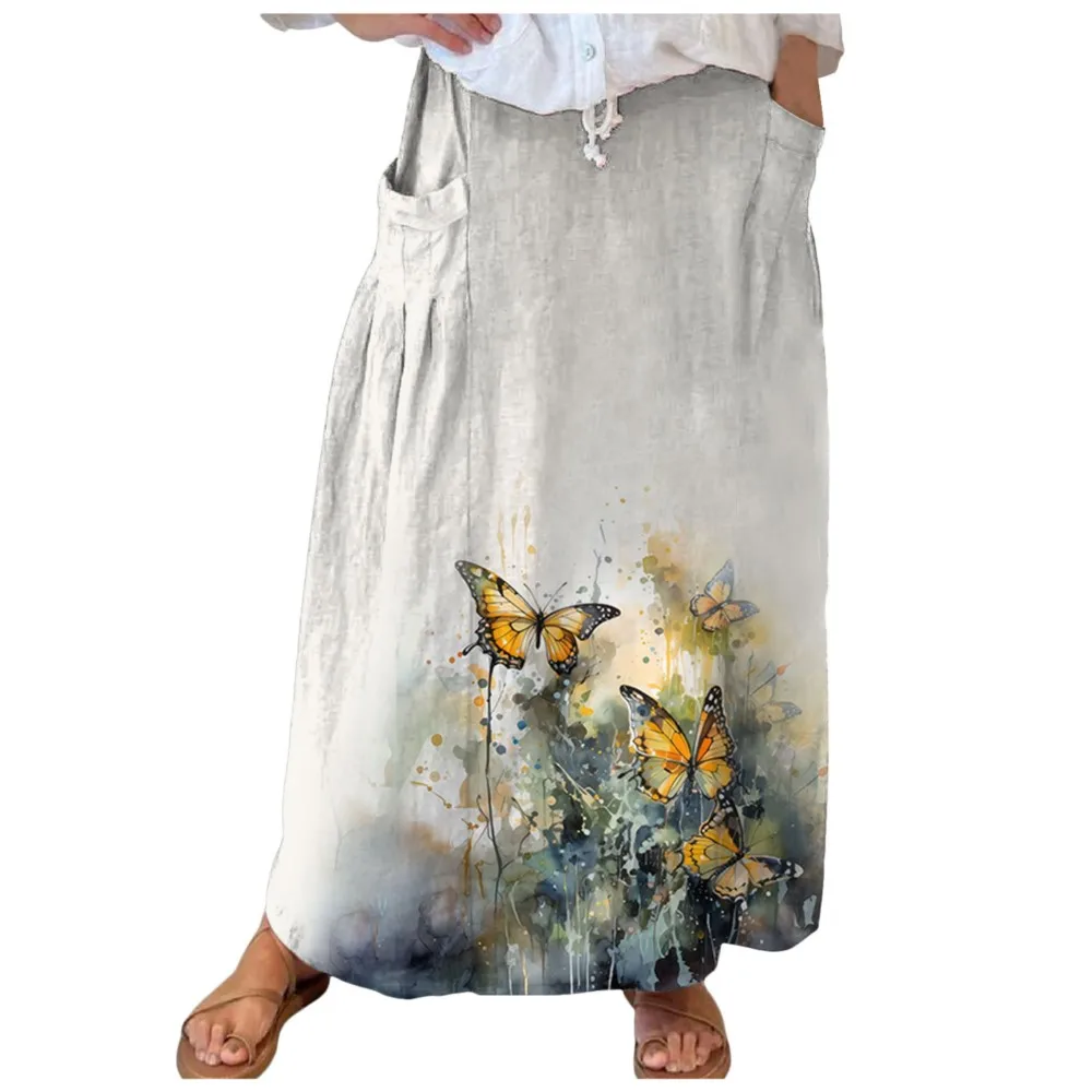 Spring Autumn High Waist Loose Pocket Long Skirt Fashion Butterfly Floral Print Skirts For Women Vintage Casual Women's Clothing