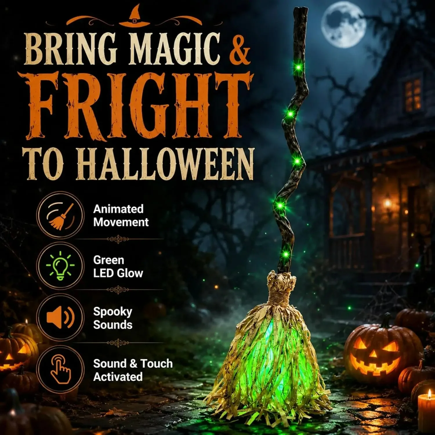 Halloween Witch Broom Light, Sound-Activated LED Broom 35-Inch Dynamic Broom with Leds Spooky Sounds Indoor/outdoor Decor