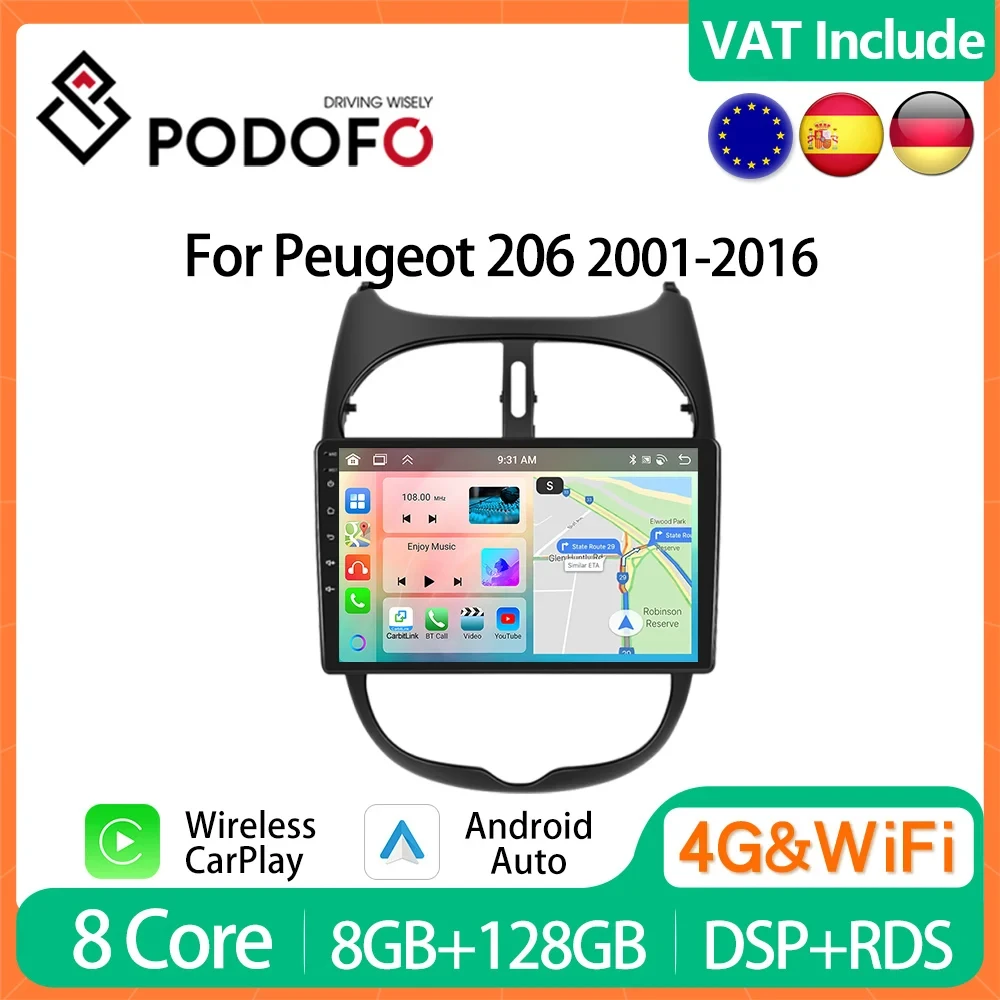 Podofo 4G Android CarPlay Radio For Peugeot 206 206CC 206SW 2001-2008 Car Multimedia Player 2din GPS Stereo QLED Autoradio DSP