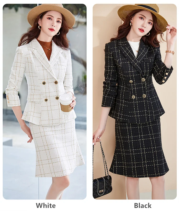 

Women 2 Piece Blazer Jacket Sets Office Ladies Elegant Slim Coat Skirt Fashion Black White Plaid Jacket +Mermaid Skirt Sets