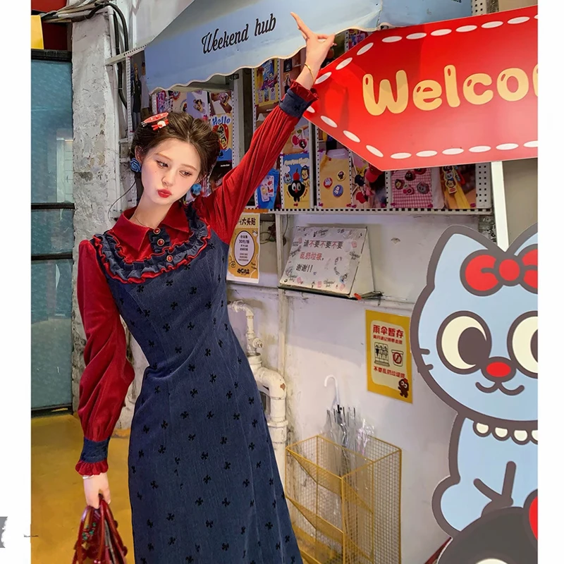 

MEXZT Vintage Bow Print Midi Dress Women Harajuku Kawaii Party Patchwork Dresses Autumn Korean Cute Long Sleeve Bodycon Vestidos