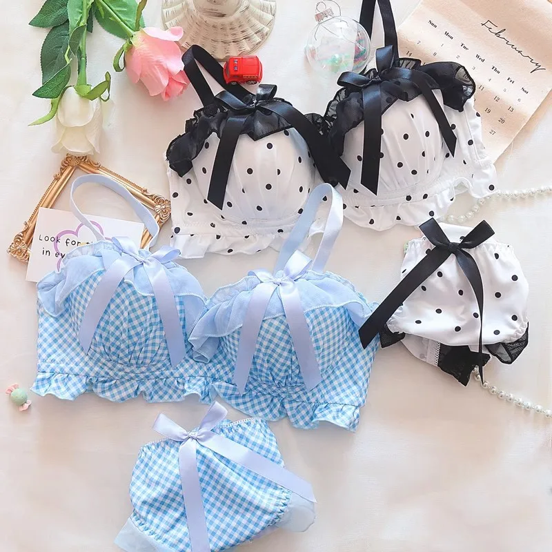 

Lingerie female polka dot bow satin bra set girl style teenage sweet underwear without steel ring gathered bras