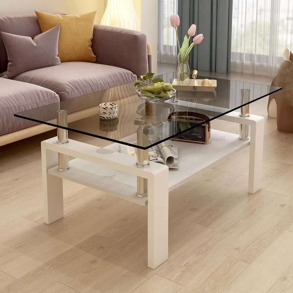

Gray Glass Coffee Table with White Metal Legs and Storage Shelf for Living Room