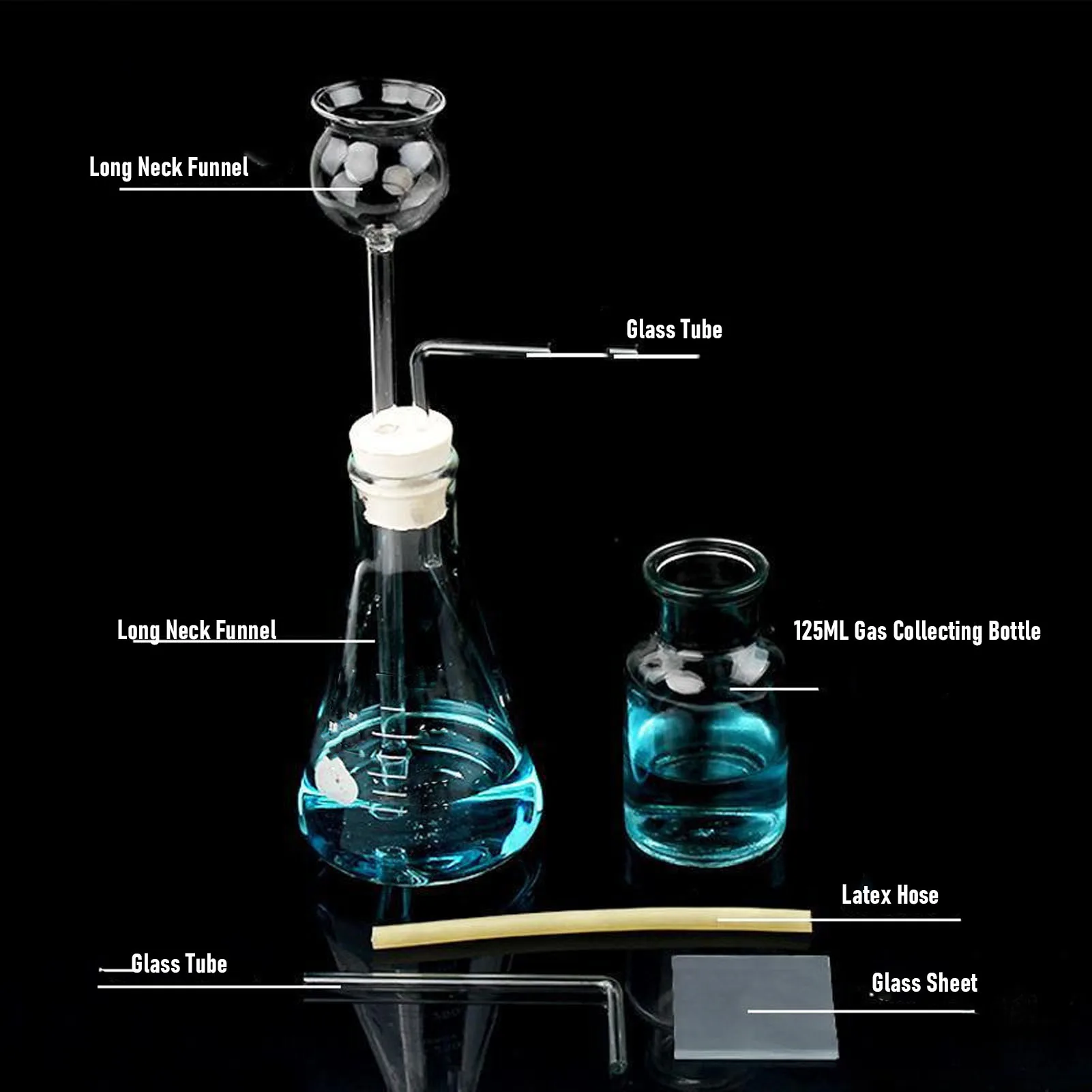 Gas Separating Long Neck Funnel Set 150ml Conical Bottle 125ml Gas Collecting Bottle Chemistry Experiment Tool for O2 H2 CO2 Gen
