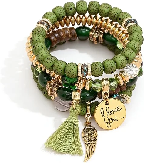 4-Piece Bohemian-Style Green Tassel Multi-Layer Beaded Bracelet Set, Stackable Bracelets, Women's Jewelry