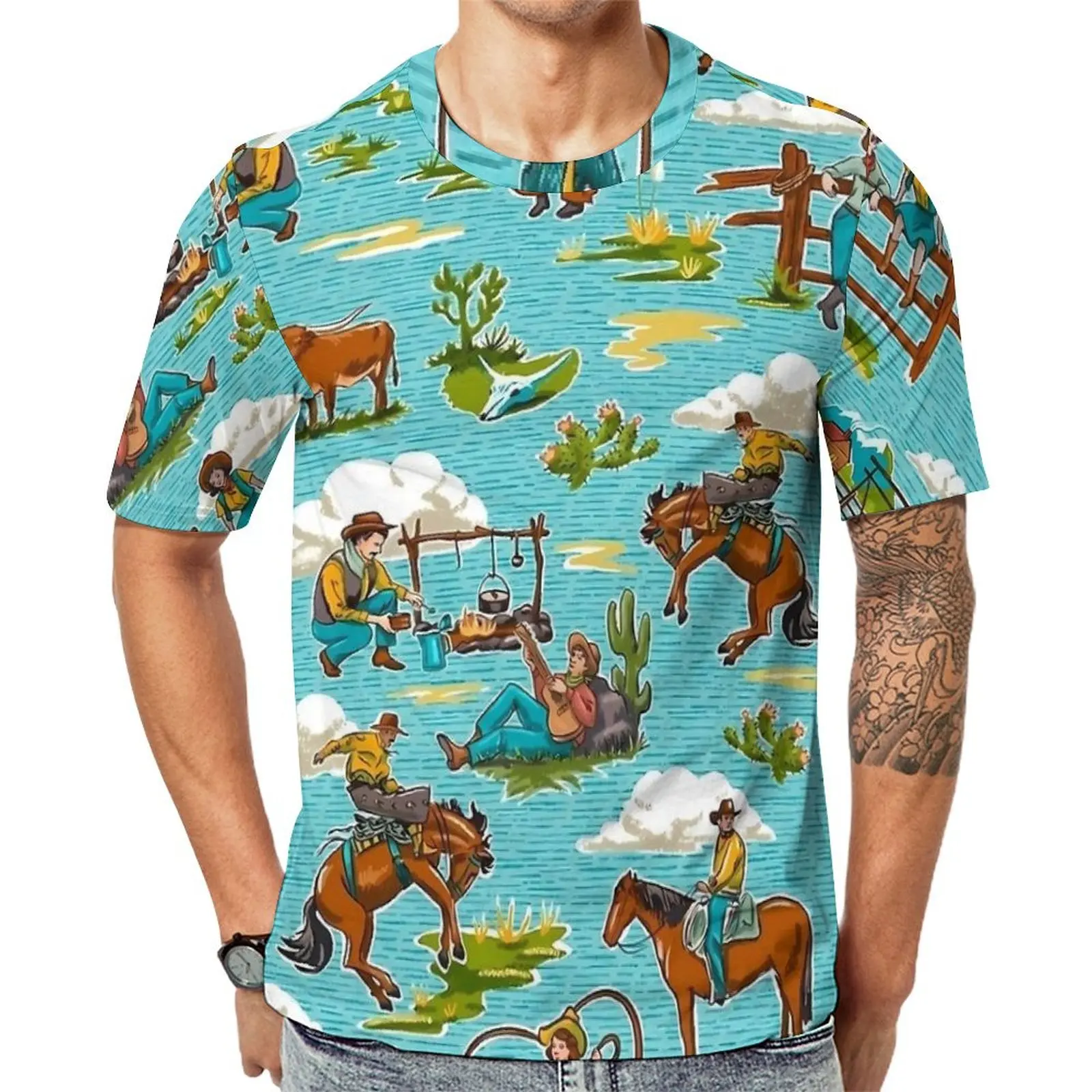 

West Cowboy And Horse Print T Shirt Fashion T-Shirts Male Streetwear Tee Shirt Summer Short Sleeve Custom Clothing Plus Size