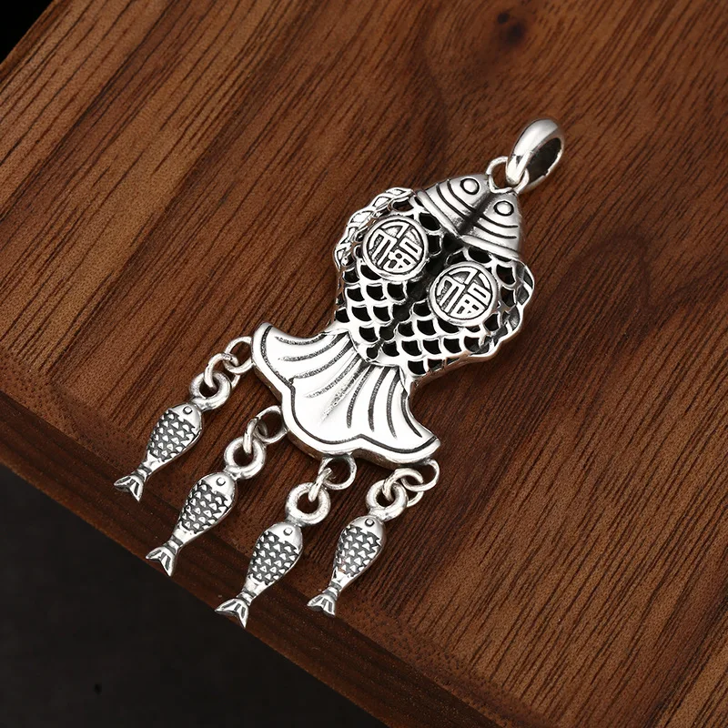 925 Sterling Silver Twin Fish Lucky Charm Pendant Ethnic Antique Thai Silver Necklace Jewelry Gift