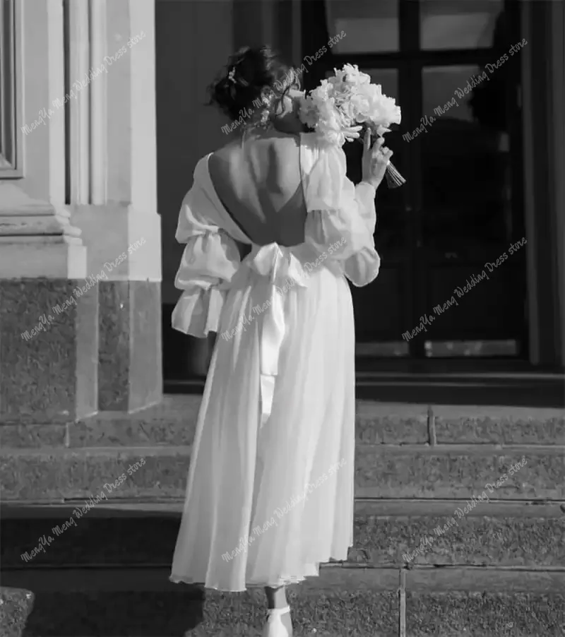ZHUISHU Elegant Square  A-line Wedding Dress Customized Long Bishop Sleeves  Tea Length Pleated Backless Victorian Bridal Gowns