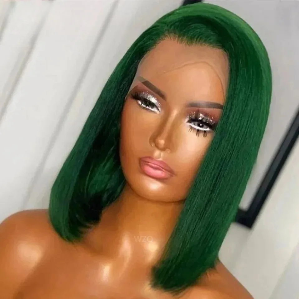 

Dark Green Short Straight Bob Wigs 14 Inch HD Lace Frontal Wig Pre Plucked Glueless Invisible Knots Heat Resistant Synthetic