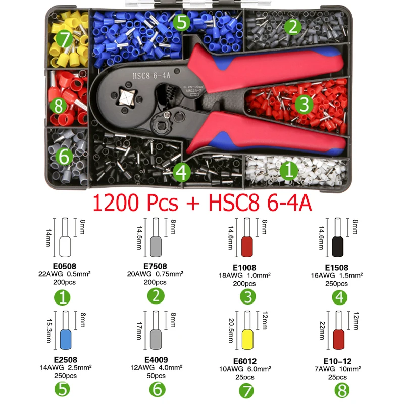 Tubular Terminal Crimping Clamp HSC8 6-4A Tubular EV 2508 1508 VE 6012 Terminal Wire Mini Coil Set 1200PCS 0.25-10mm² AWG 23-7mm