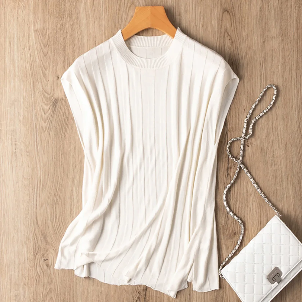 

Женский жилет без рукавов, вязаные свитера, пуловеры, топы на бретелях, эластичный ребристый вырез с круглым вырезом, смесь шелкового шелка