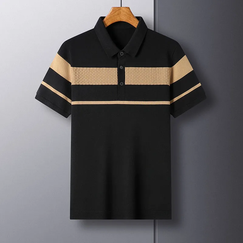 

Mulberry Silk Stripe Men's Knitted Polo Shirt 2024Summer New Lapel Breathable Half Sleeve Solid T-shirt European Business Casual