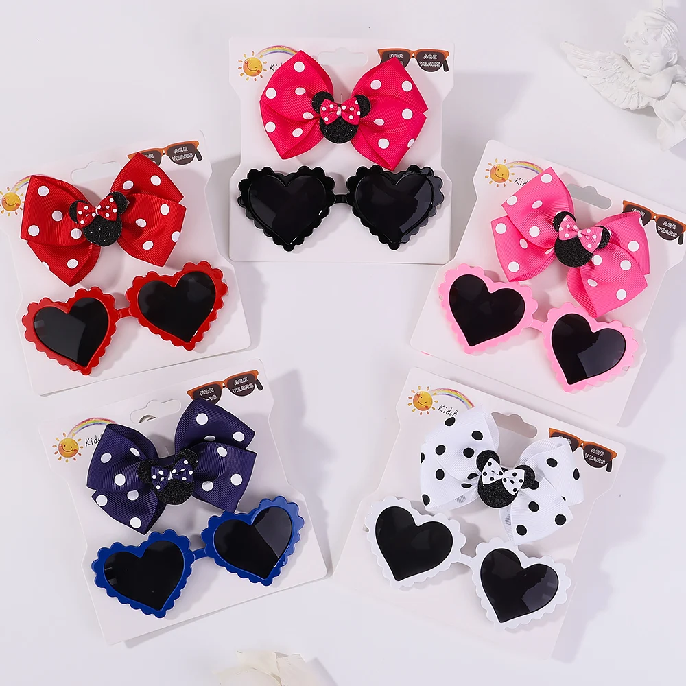 2Pcs/Set Baby Hairpin For Child Cute Bow Heart Shaped For Newborn Protective Sun Glasses Girl Seaside Vacation Hair Accessories