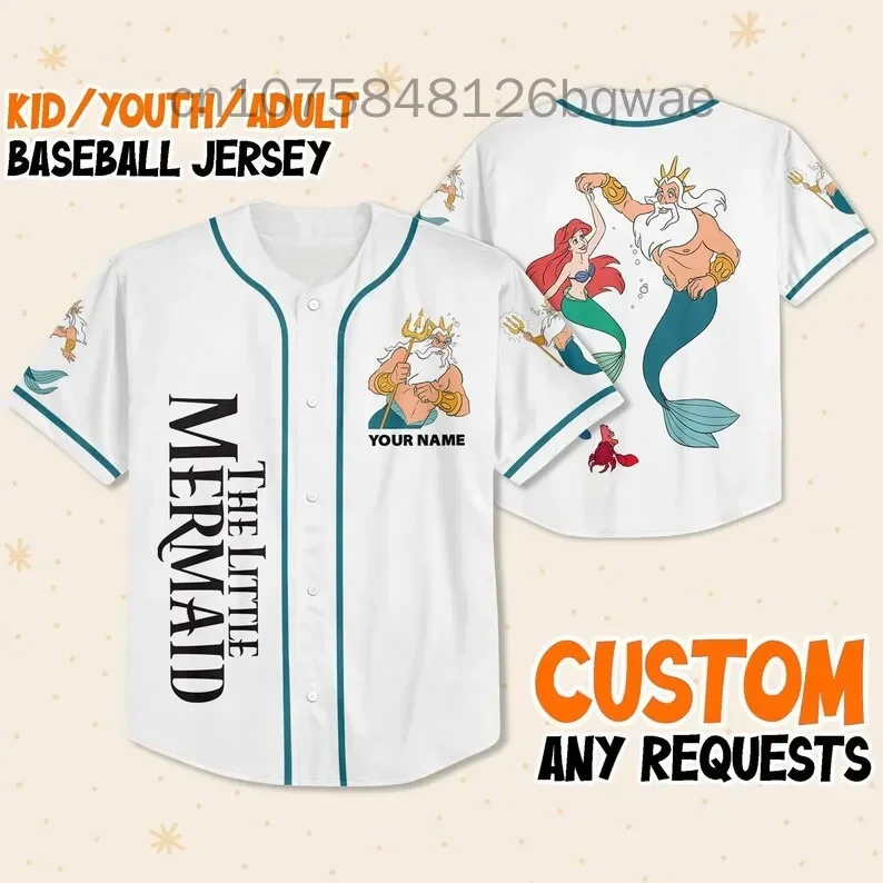 Disney-Camiseta de béisbol de sirena para hombre y mujer, camisa de manga corta con nombre personalizado, informal, deportiva, 2024