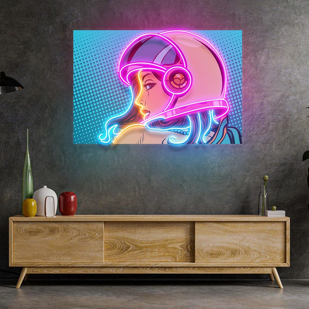 Astronaut Girl Neon Light Women Cave Wall Art Astronaut Female Pop Art Neon Sign Home Office Bedroom Wall Decor LED Light Signs